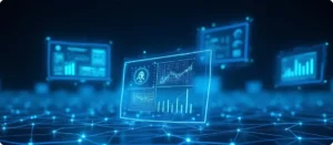 Abstract illustration representing AI architectures used in custom AI solutions as a network with nodes