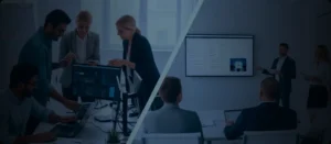 Two groups of people representing team dynamics in staff augmentation vs. project-based outsourcing