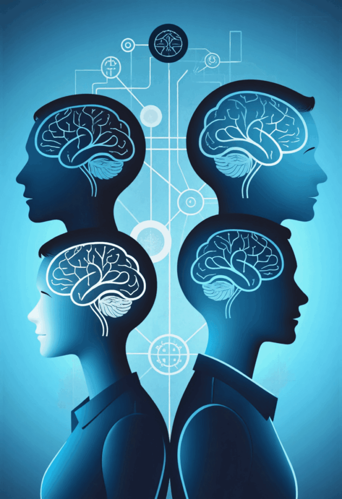Illustration of connected brains and icons showing knowledge transfer and continuous improvement in software teams.