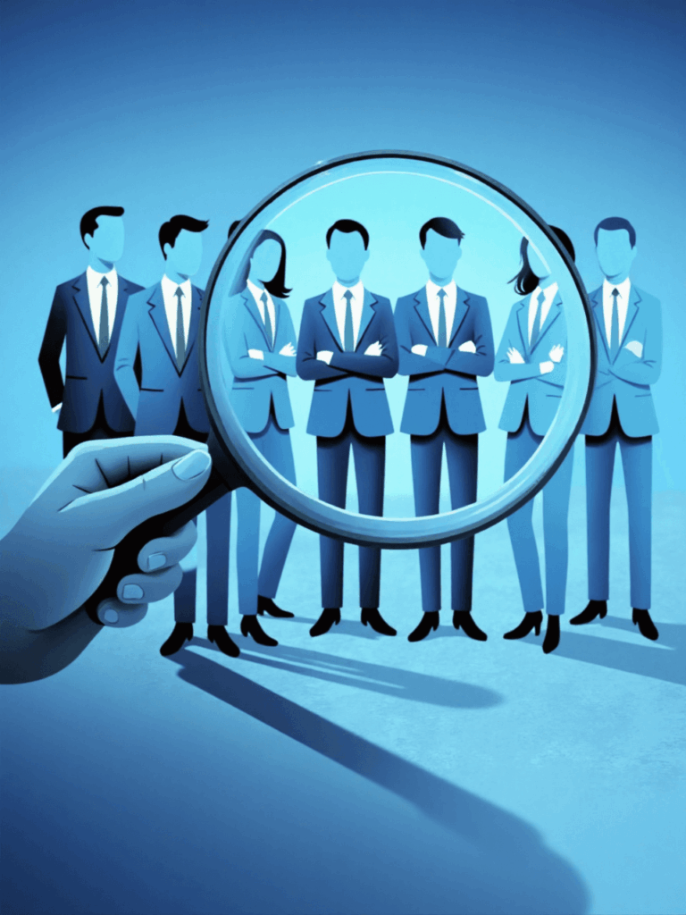 Hand with magnifying glass selecting a business professional among a group, representing choosing the right staffing partner.