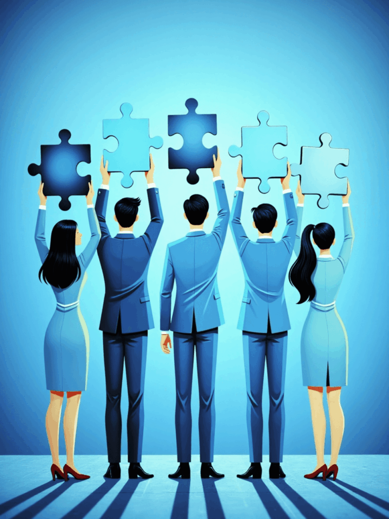 Team of people holding puzzle pieces, symbolizing onboarding and effective collaboration with augmented staff