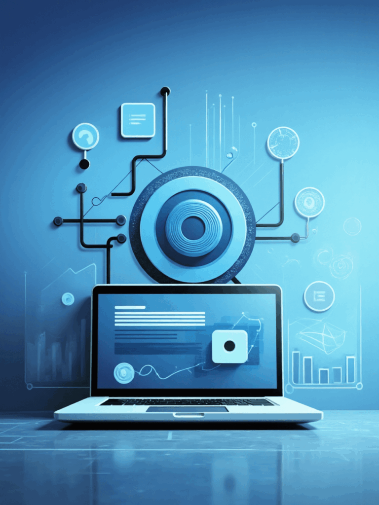 Laptop with digital tools and icons illustrating the importance of using the right tools and governance in software projects