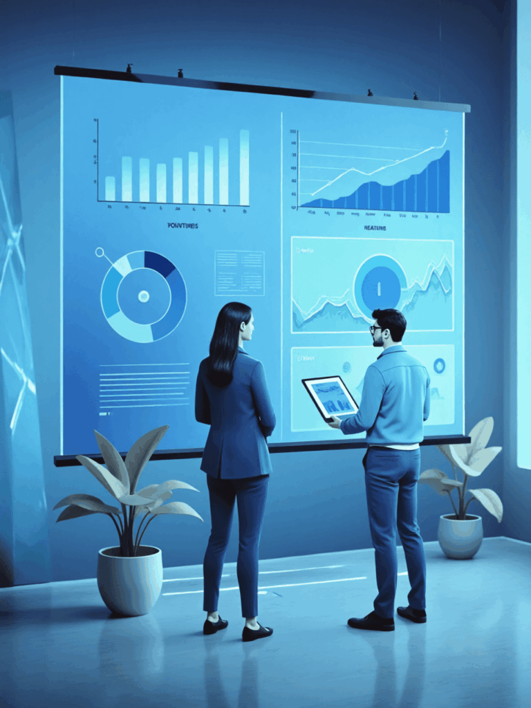 Two people analyzing charts on a large screen to monitor project progress and team health