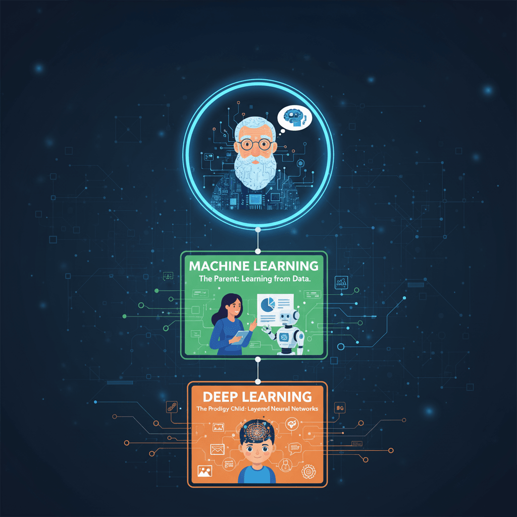 The AI family tree, depicting AI as a grandparent, ML as the parent, and DL as the child, to explain their hierarchical relationship