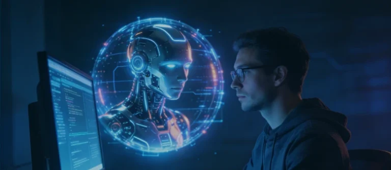 Developer working seated in front of a computer monitor, with AI represented as an orb in the background