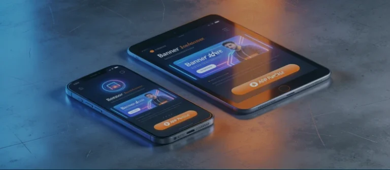 A smartphone and a tablet with monetization elements (banner ad and in-app purchase button) displayed on the screen]