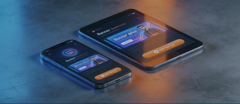 A smartphone and a tablet with monetization elements (banner ad and in-app purchase button) displayed on the screen]