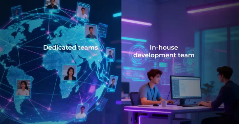 A graphic showing remote team members distributed around the globe on one side and an in-house development team working together in a single office on the other.