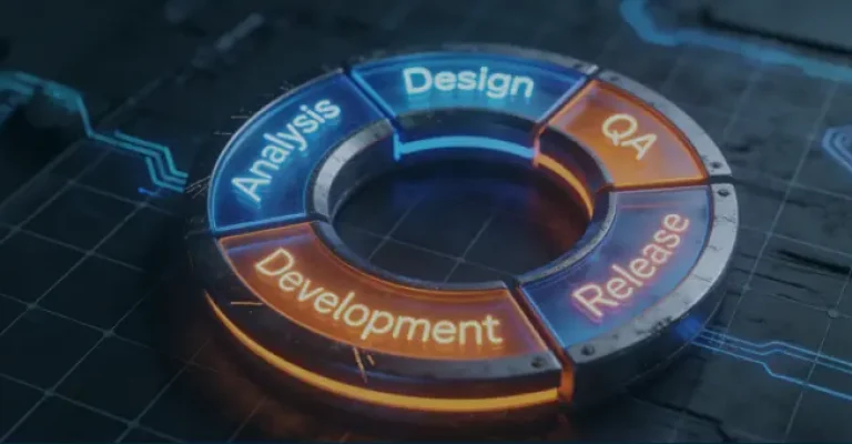 Ring diagram of software development stages: analysis, design, development, QA, deployment, release
