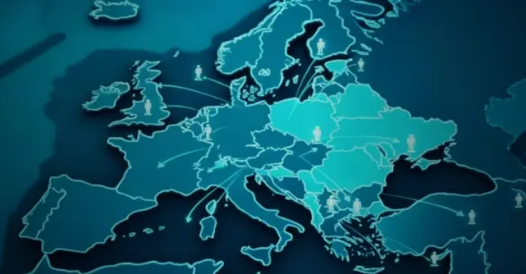 Map of Europe with key remote Eastern European software development hubs like Poland, Romania, Bulgaria, Ukraine, and more