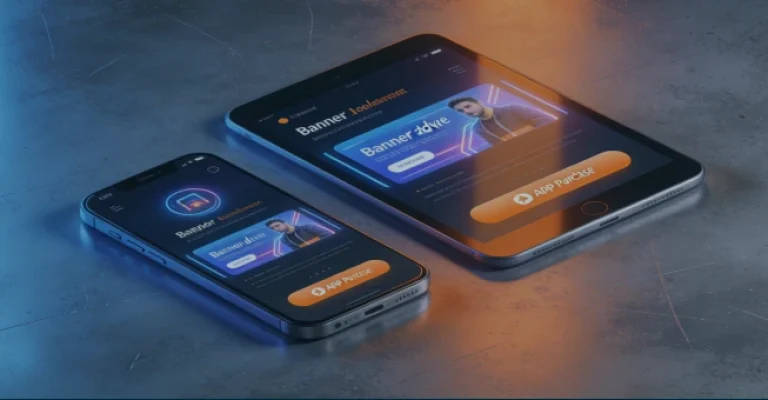 A smartphone and a tablet with monetization elements (banner ad and in-app purchase button) displayed on the screen]