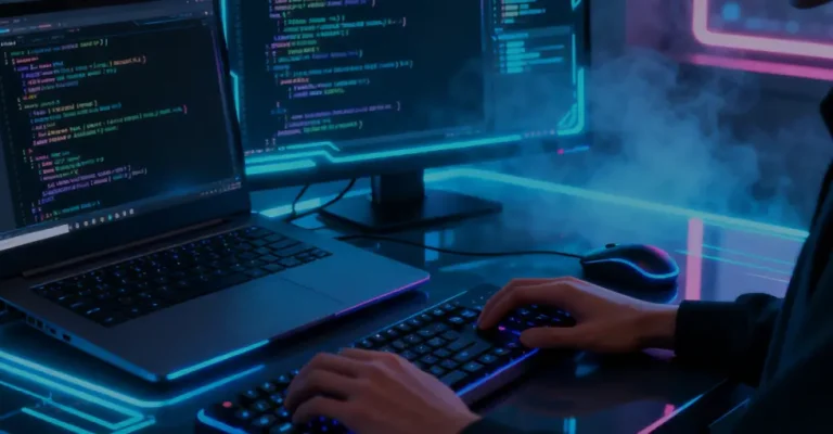 Remote developer writing code on a typical software development setup with a laptop and an external monitor