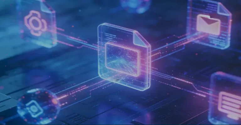 An abstract representation of AI, LLMs, and LMMs working with images, music, and video files